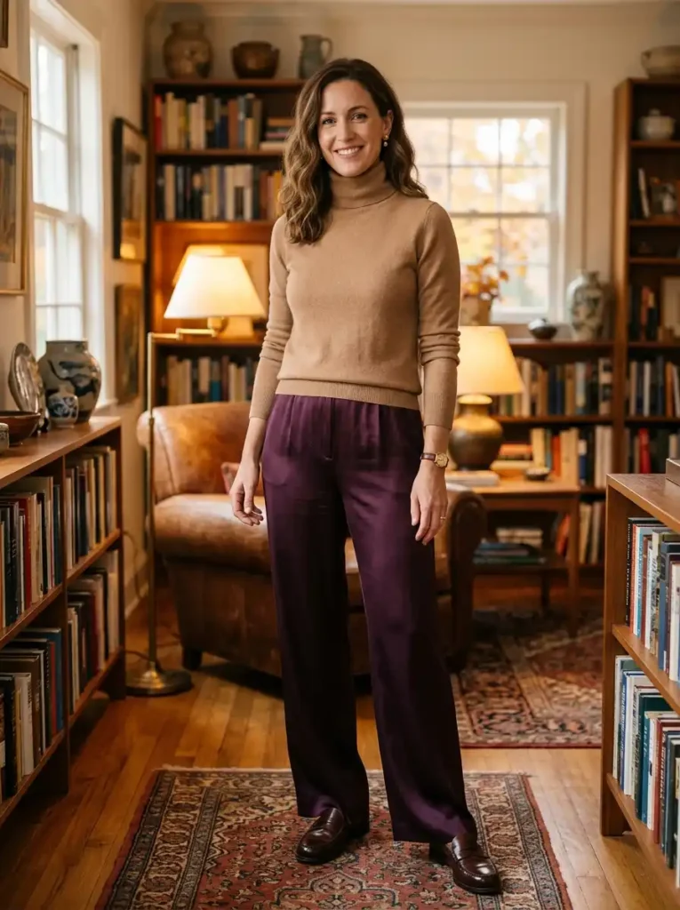 Silk Pants With a Fitted Turtleneck in Winter