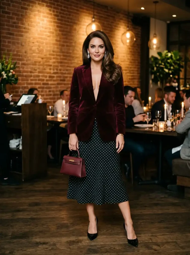 Sleek Polka Dot Midi Skirt With a Plunging Velvet Blazer