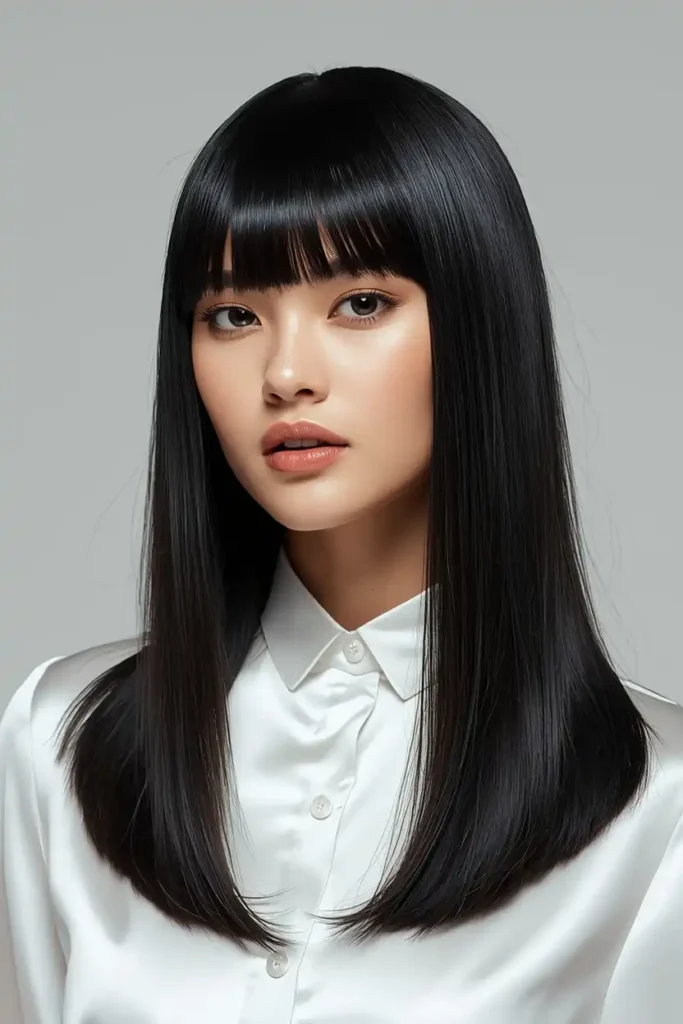 Sleek Straight Strands and Cheekbone Grazing Bangs