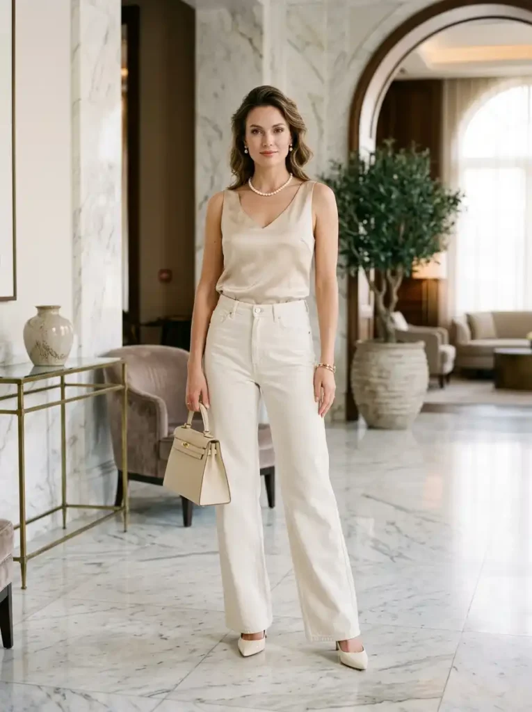 Sleeveless Satin Bodysuit With Wide-Leg Trouser Jeans