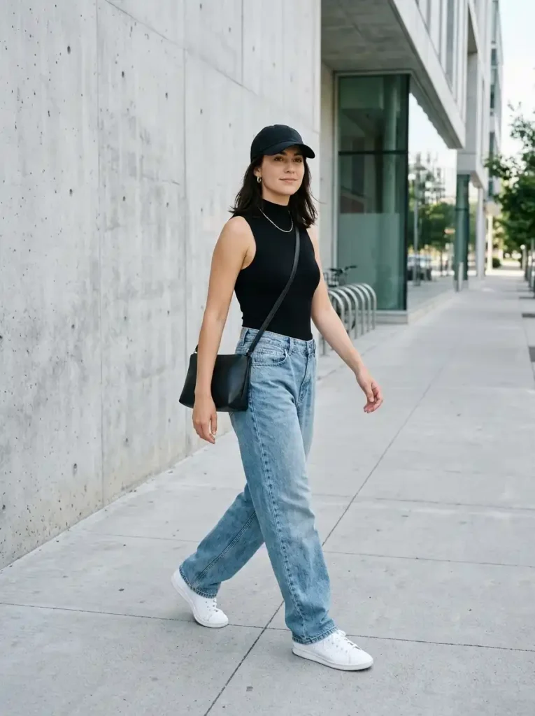 Sleeveless Turtleneck Bodysuit With Baggy Jeans