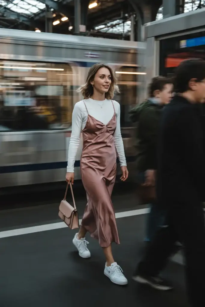 Slip Dress Over a Long-Sleeve Fitted Top