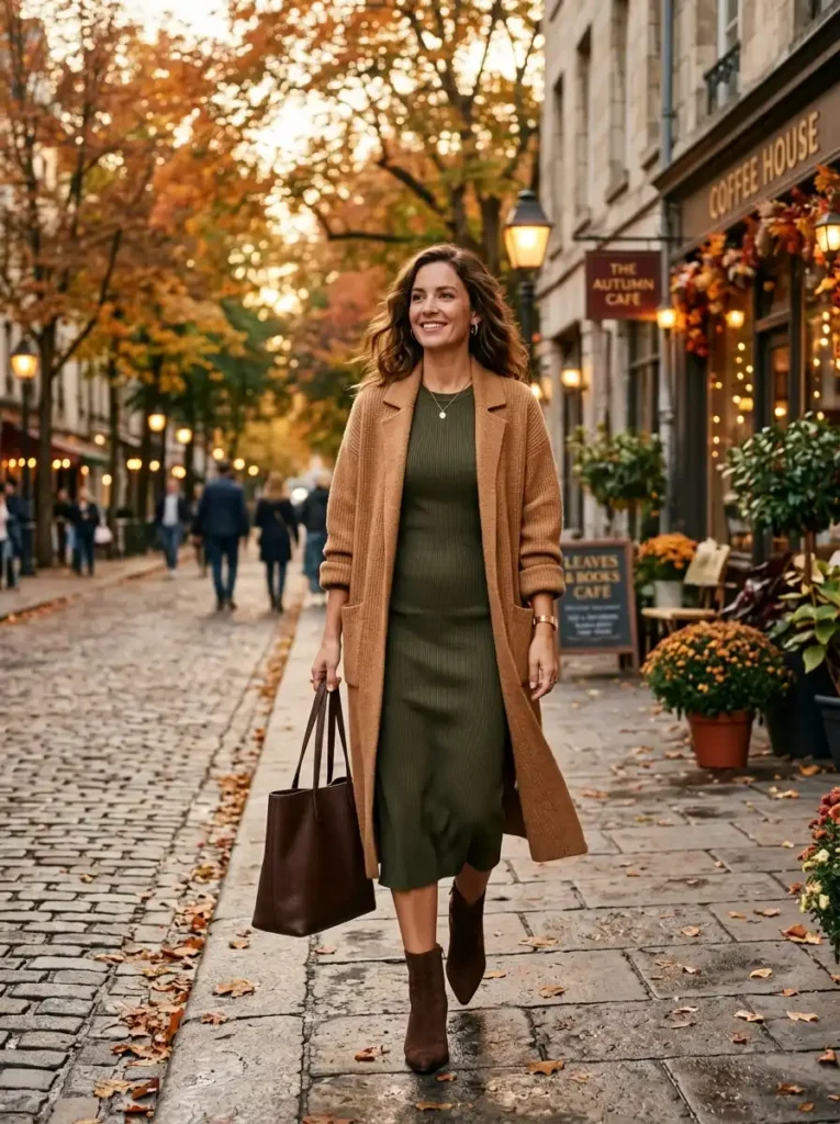 Smart Cardigan as a Jacket Over a Fitted Dress