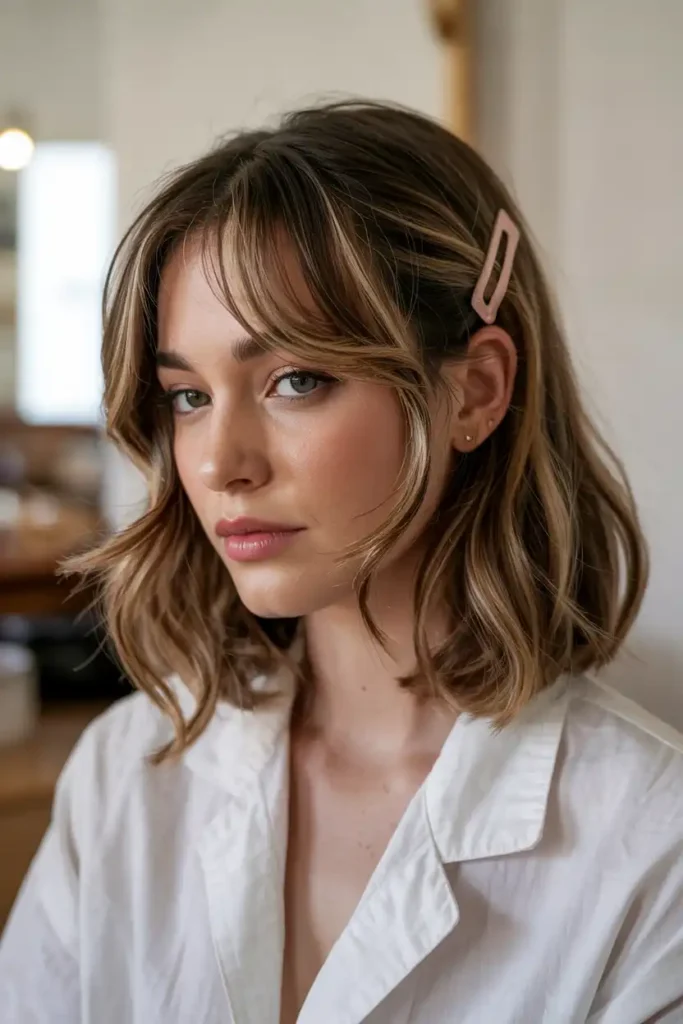 Soft Curtain Bangs Styled Into a Half-Up Look
