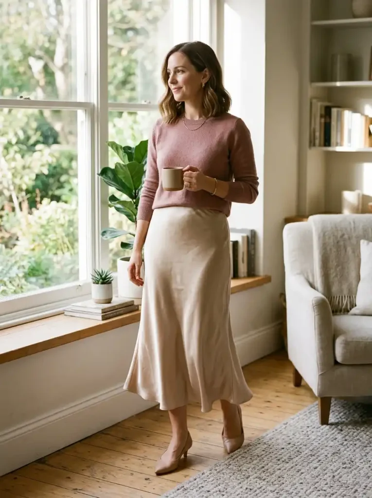 Soft Knit Sweater Tucked Into a Midi Skirt