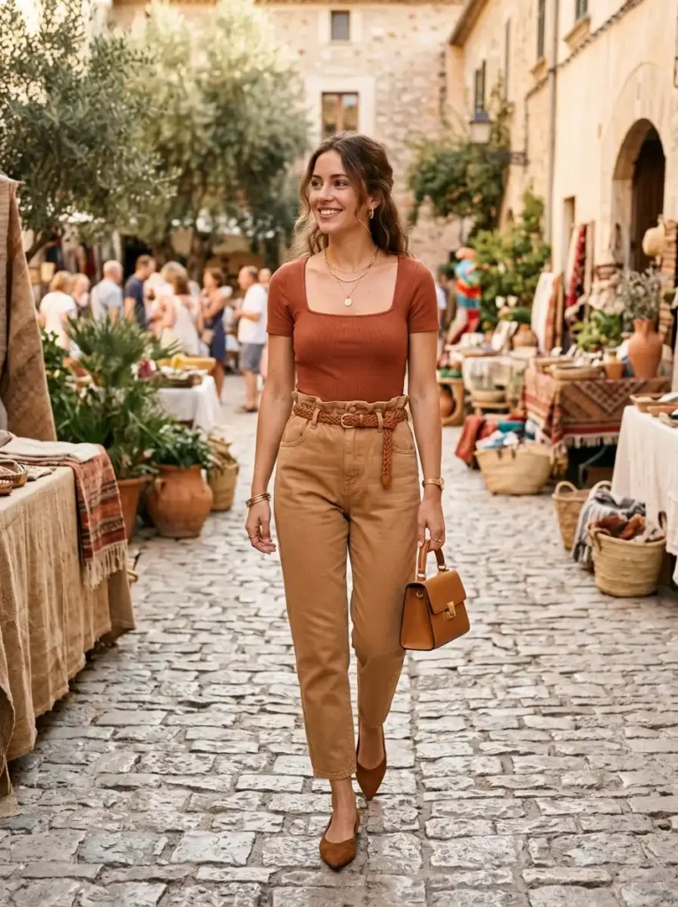 Square Neck Bodysuit With Paper Bag Waist Jeans