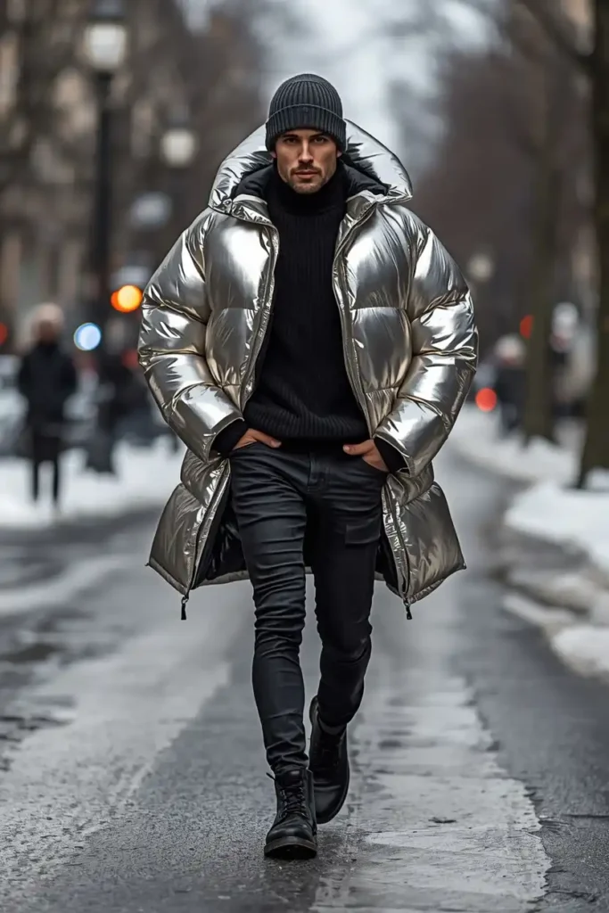Statement Puffer Jackets in Metallic Tones