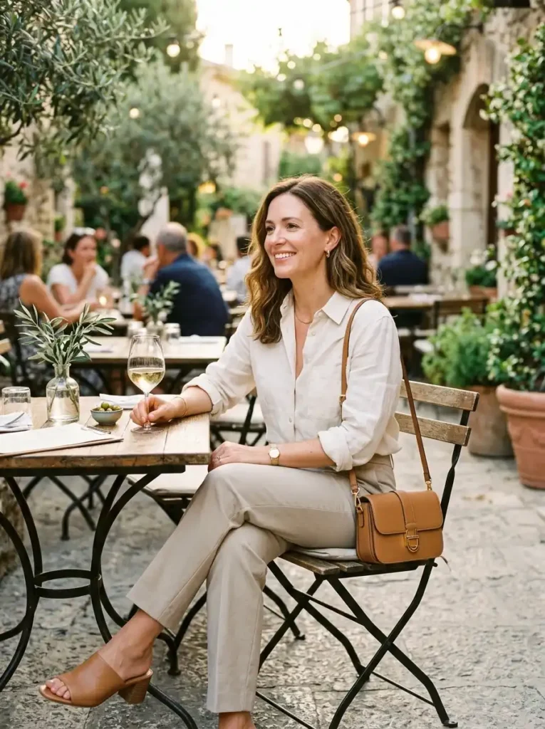 Straight-Leg Trousers With a Linen Shirt and Mules