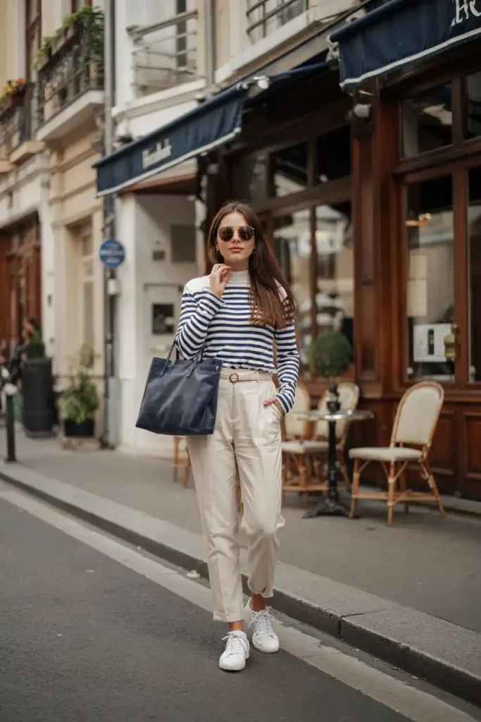 Striped Breton Top with High-Waisted Trousers