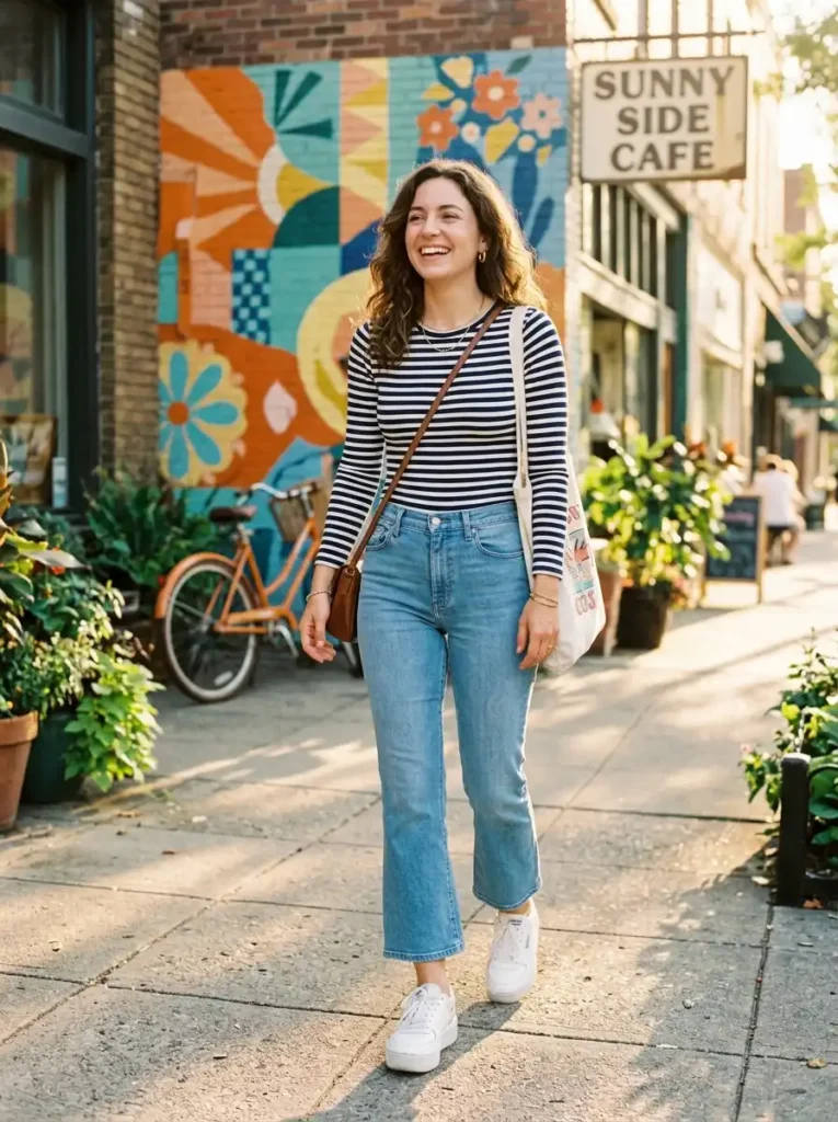 Striped Long-Sleeve Bodysuit With Cropped Flare Jeans