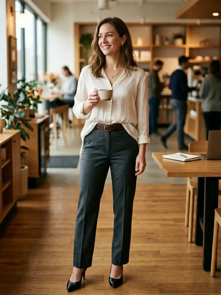 Tailored Straight-Leg Pants With a Silk Blouse