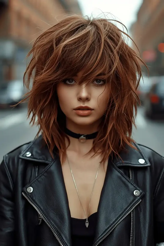 Texturized Shag with Center Parted Curtain Bangs