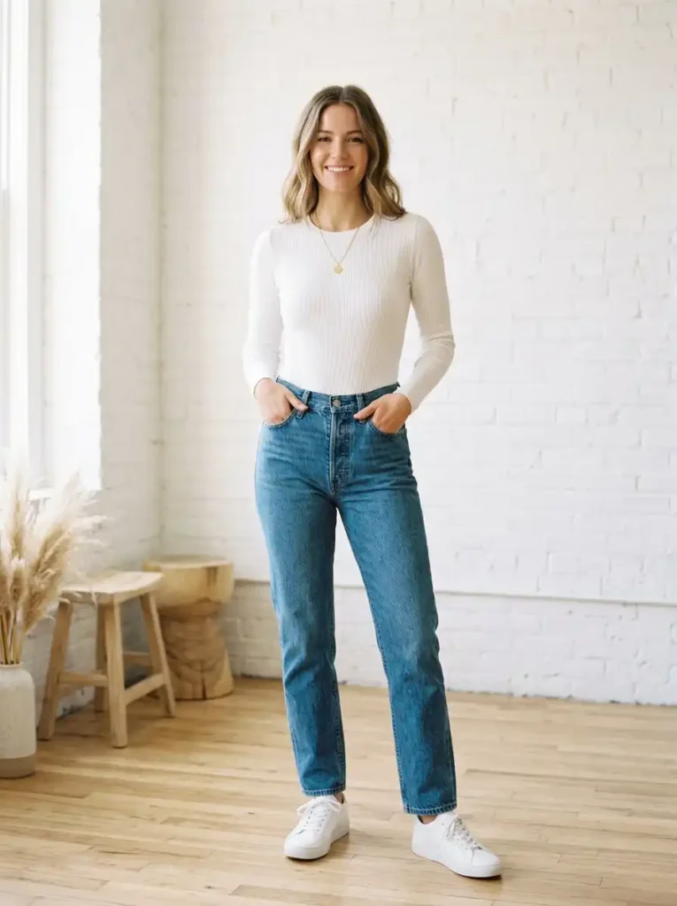 The Classic White Bodysuit With High-Waist Blue Jeans