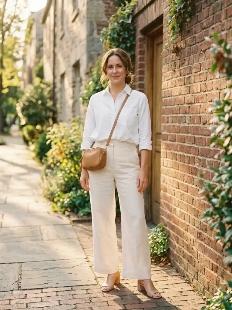 The Classic White Button-Down Tucked Into Wide-Leg Trousers