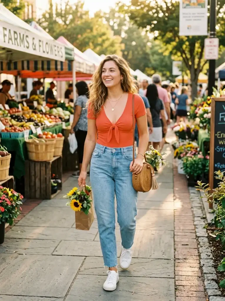 Tie-Front Bodysuit With Light Wash Mom Jeans