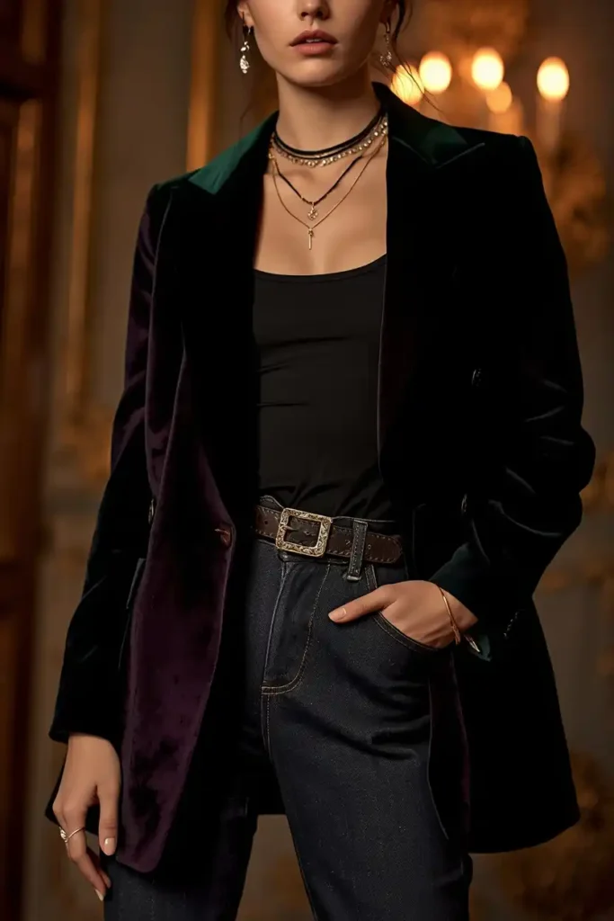 Velvet Blazer and Dark Denim for an Elevated Closing Look
