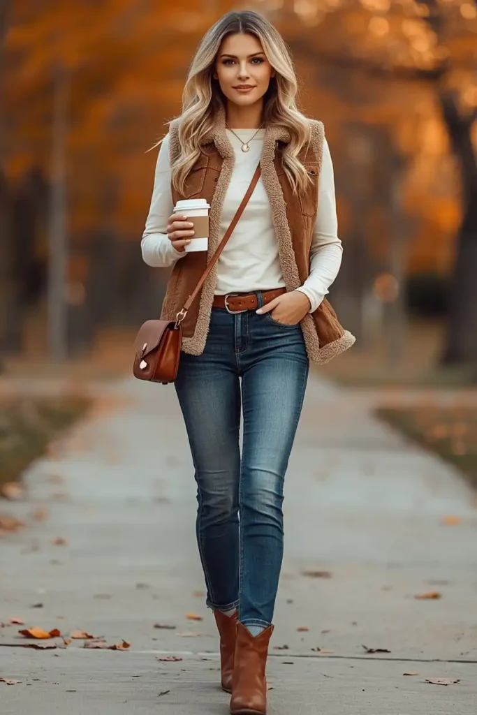 Vest Over a Long Sleeve Tee for a Transitional Day Look