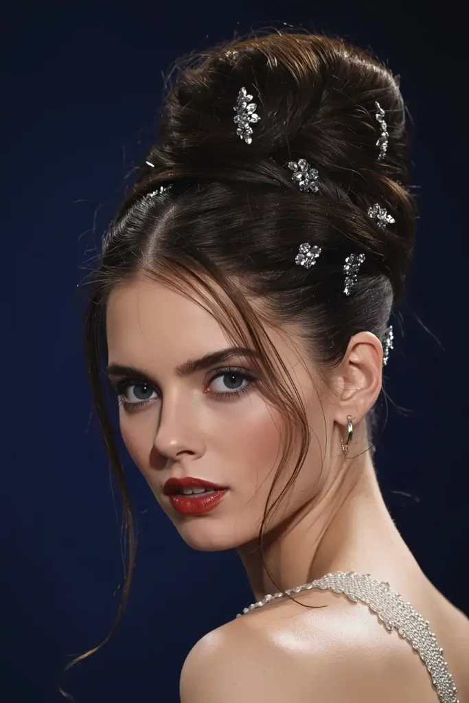 Voluminous Updo With Tendrils and Rhinestone Clips