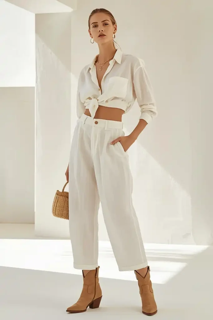 White Linen Set With Tan Boots for a Clean Daytime Edit