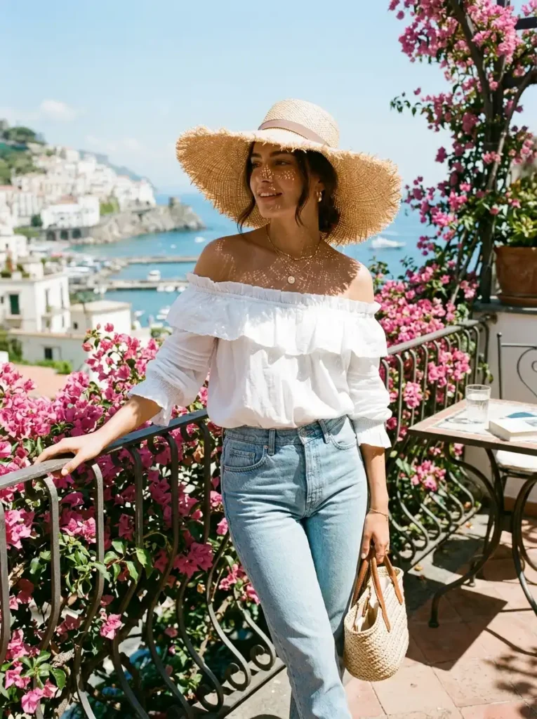 Woven Sun Hat and Off-Shoulder Blouse