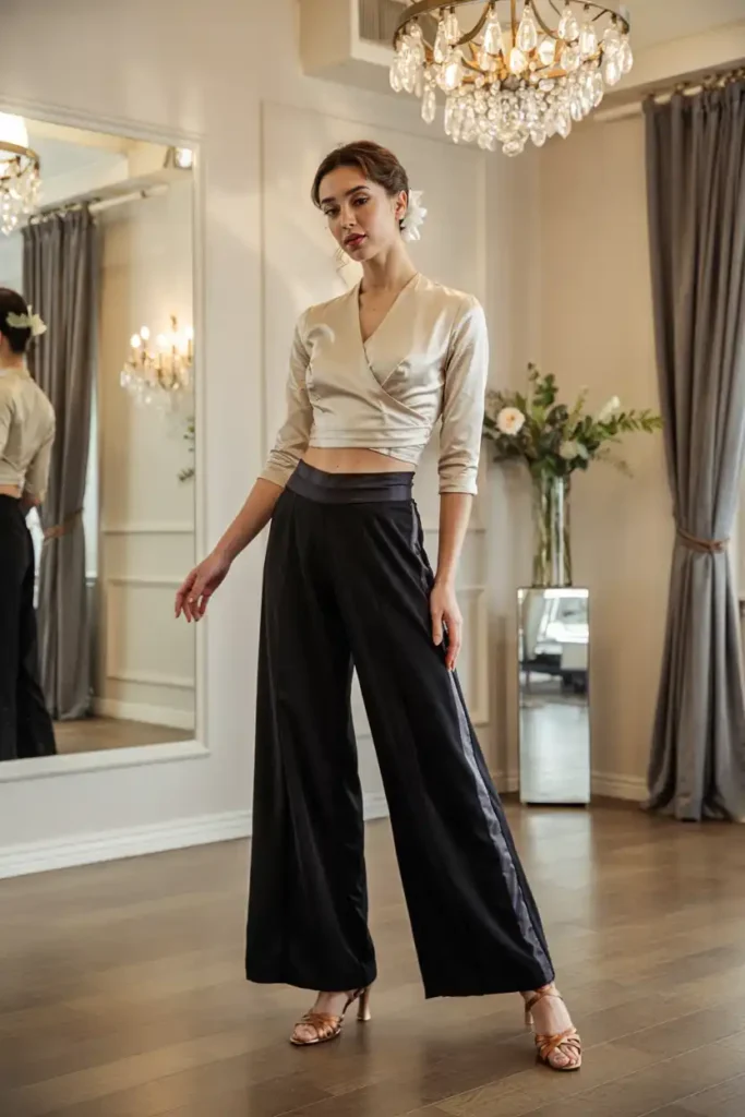 Wrap Crop Top and Flared Dance Pants for Ballroom Prep