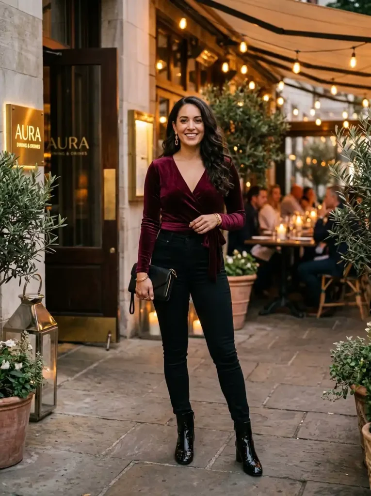 Wrap-Style Bodysuit With High-Waist Skinny Jeans