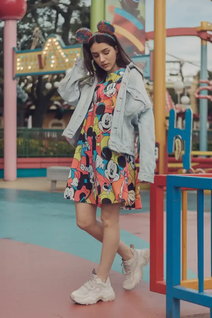 A Denim Jacket Layered Over a Fun Graphic Dress