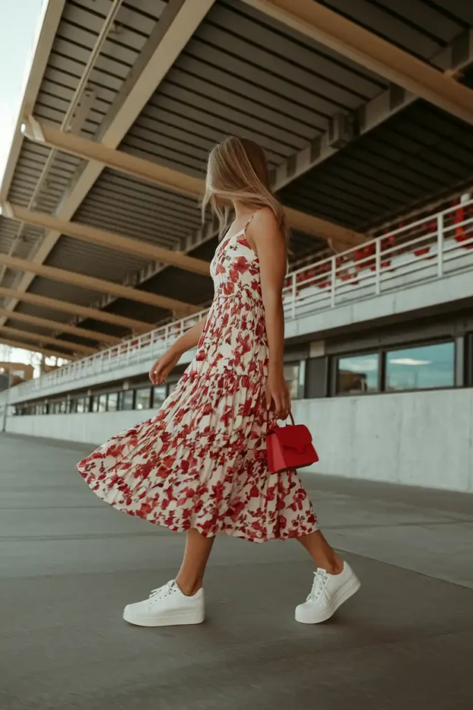 A Floral Summer Dress with White Sneakers