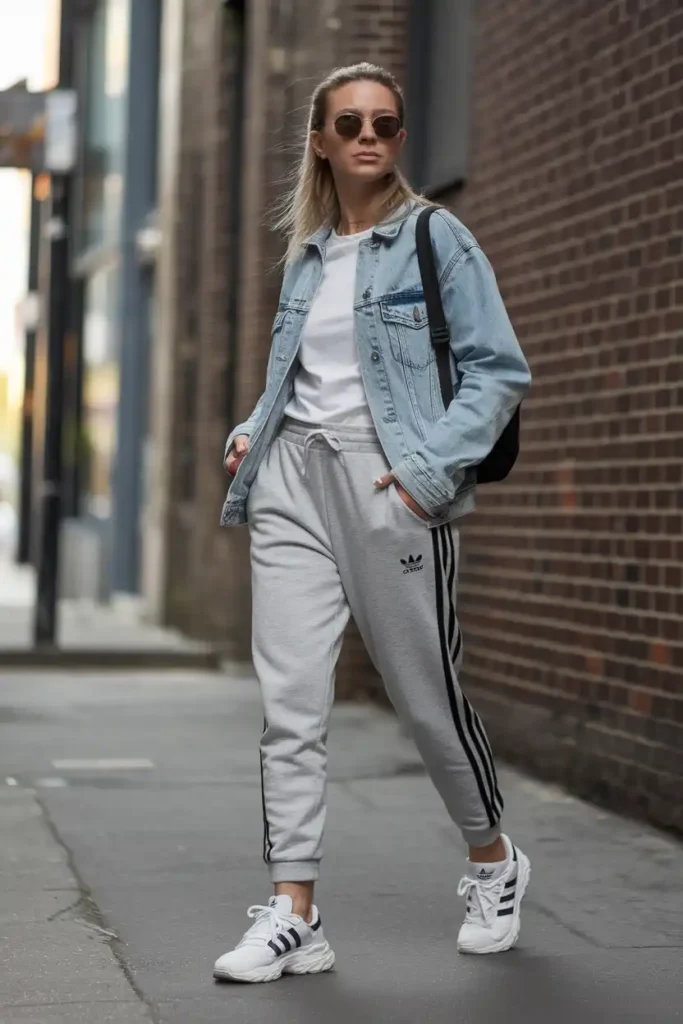 Adidas Joggers With an Oversized Denim Jacket