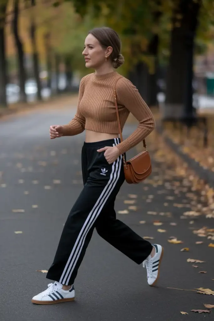 Adidas Pants With a Cropped Knit Sweater in Fall