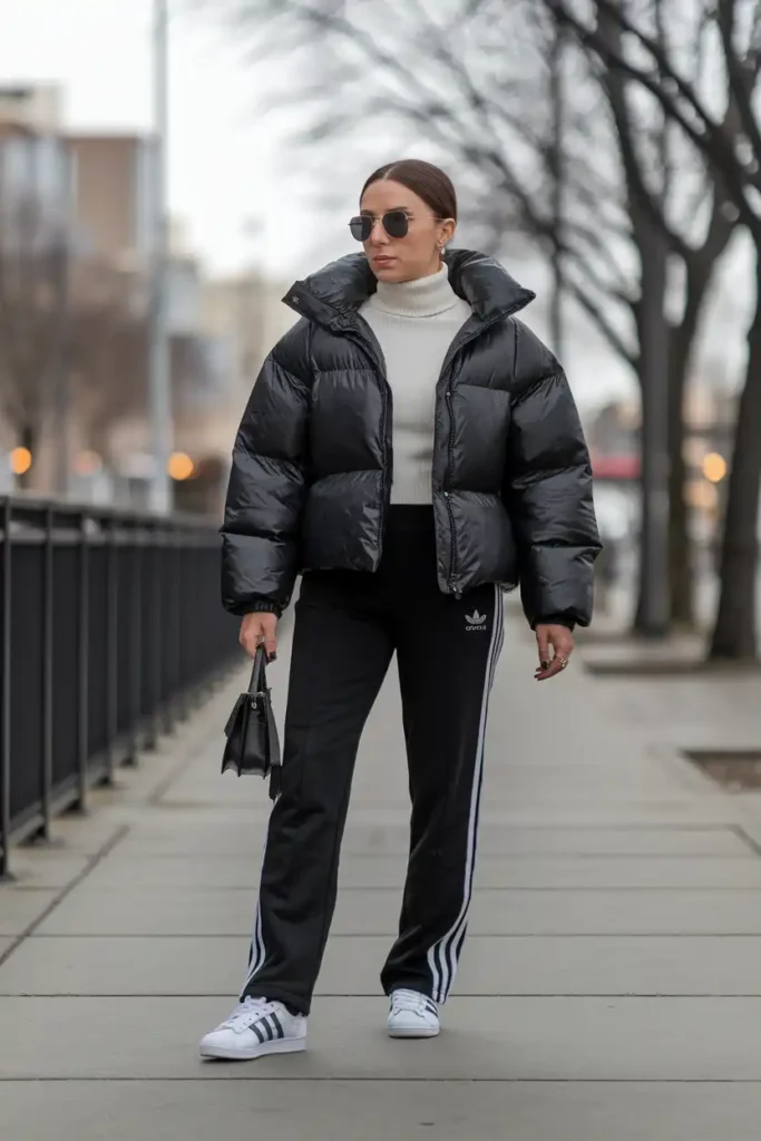 Adidas Pants and a Puffer Jacket for Cold Days