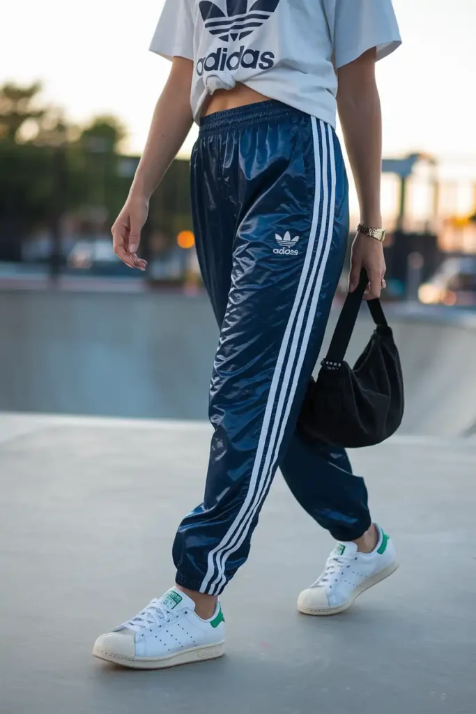 Adidas Wind Pants With a Graphic Tee and Sneakers