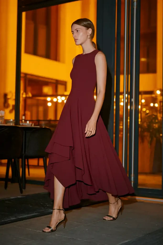 Asymmetric Hem Dress With Strappy Heels