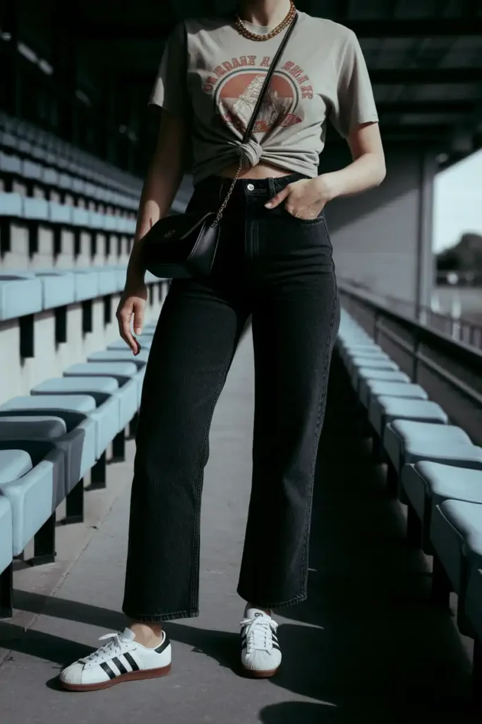 Band Tee Knotted Over High-Waisted Jeans