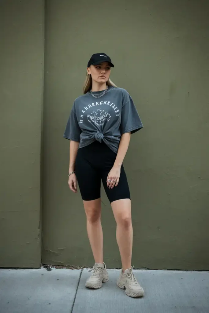 Biker Shorts, Graphic Tee, and Chunky Sneakers