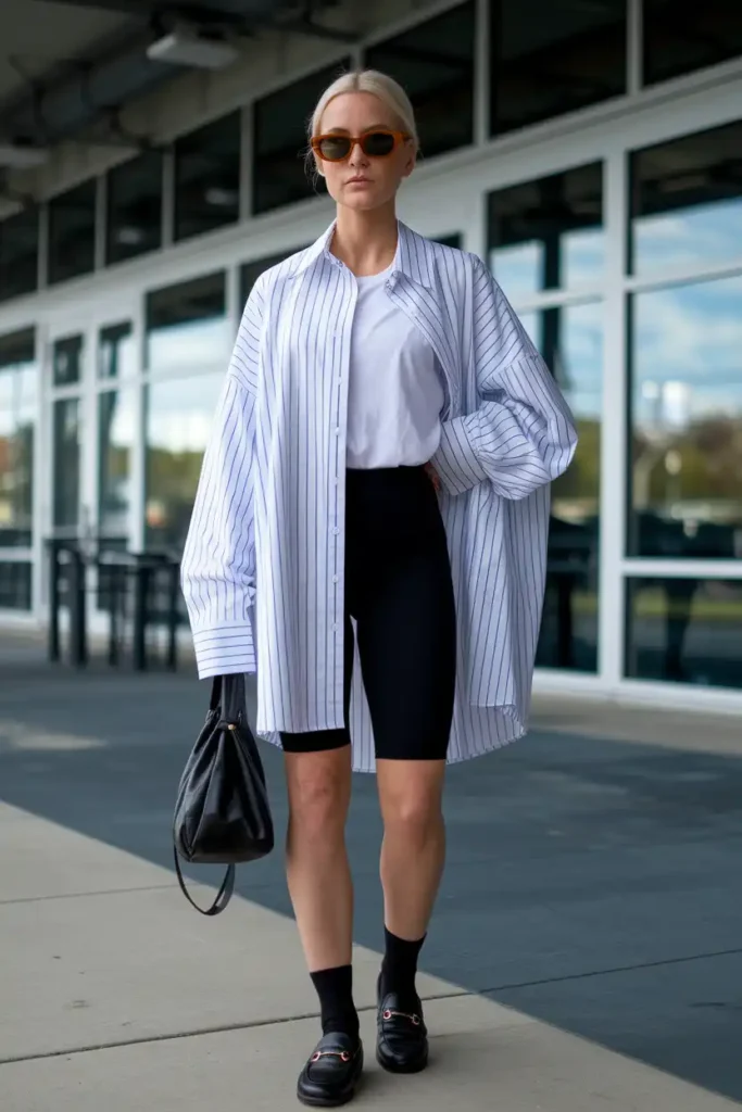 Biker Shorts, an Oversized Button-Down, and Loafers