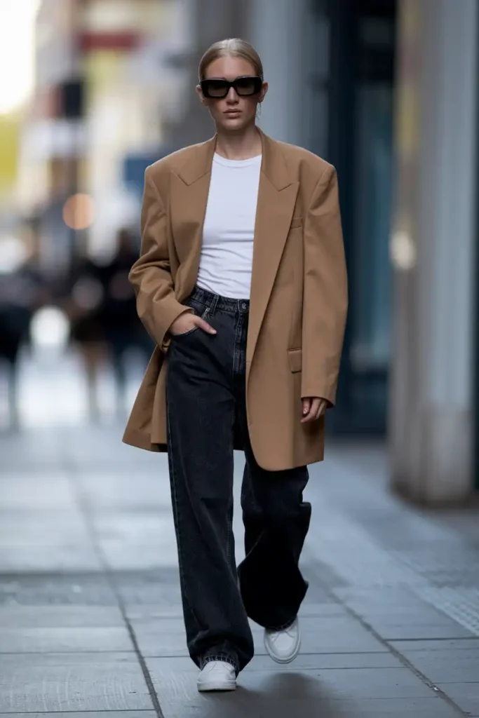 Black Square Frames With a Blazer and Straight-Leg Jeans