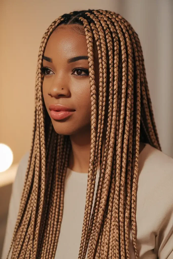 Box Braids With Gold Thread Woven In