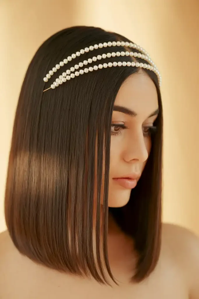 Brunette Straight Hair With Pearl or Gold Accessories