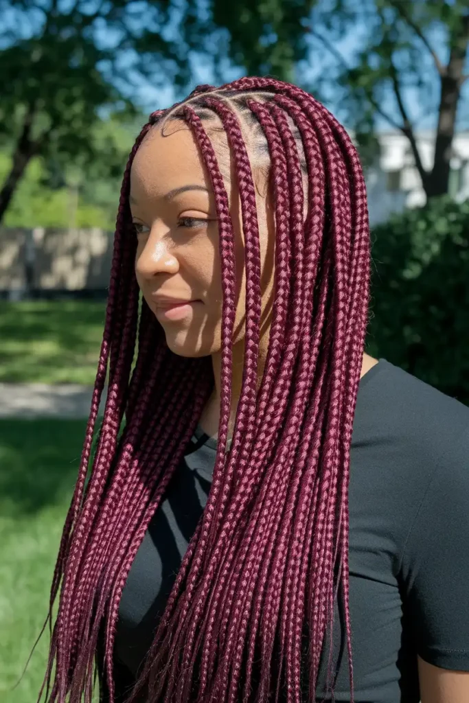 Burgundy Tinted Braids on Dark Natural Hair