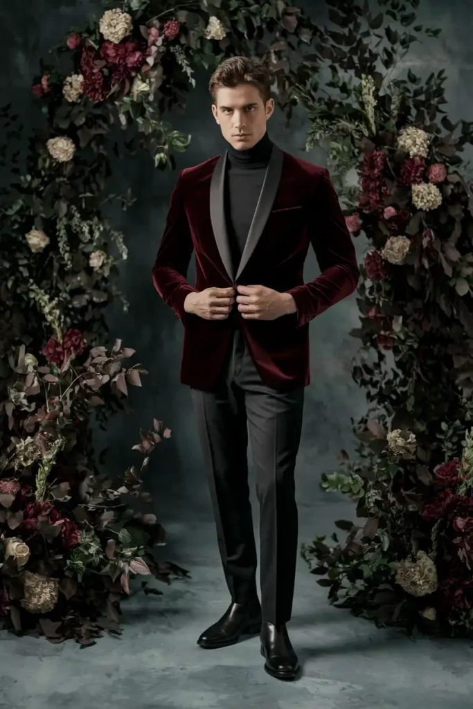 Burgundy Velvet Jacket With Black Trousers