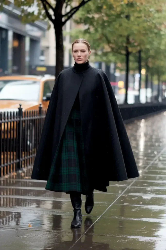 Cape Coat Over a Plaid Midi Skirt and Boots