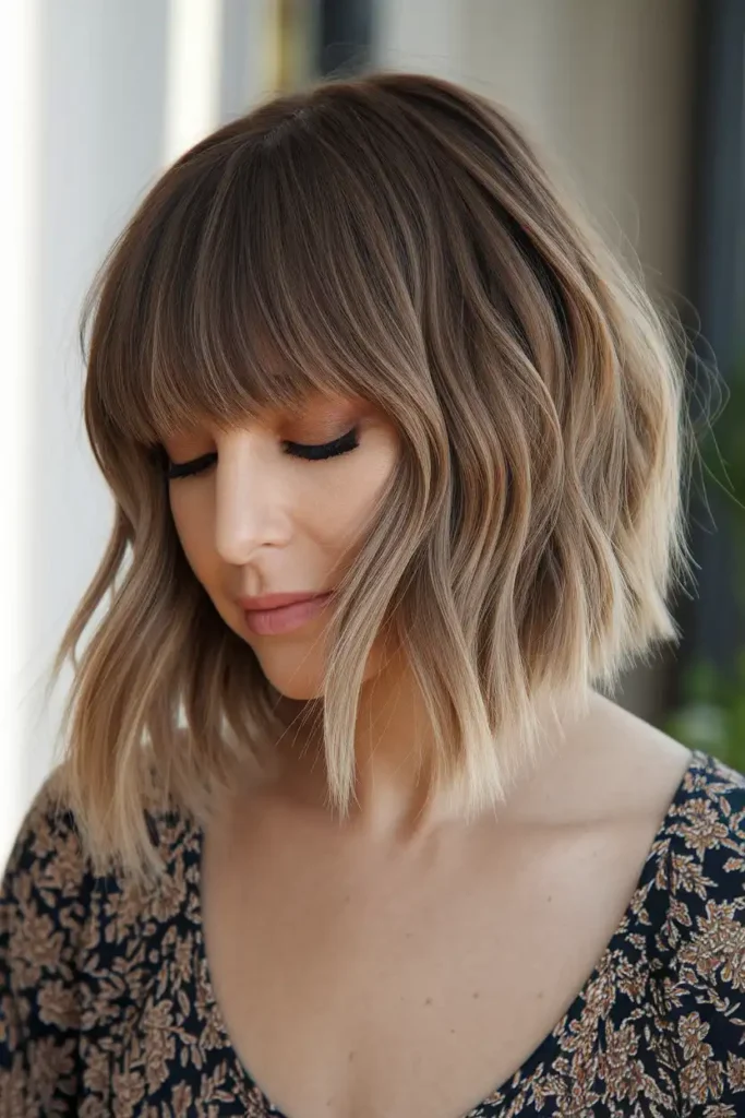 Caramel Balayage Bob With Curtain Bangs