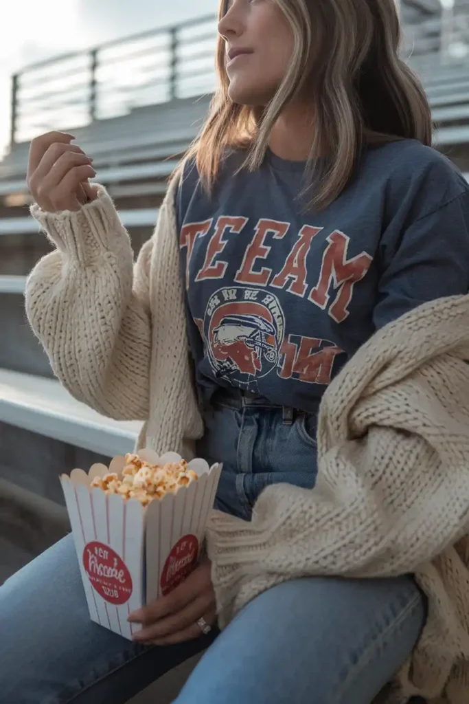 Cardigan Draped Over a Graphic Tee