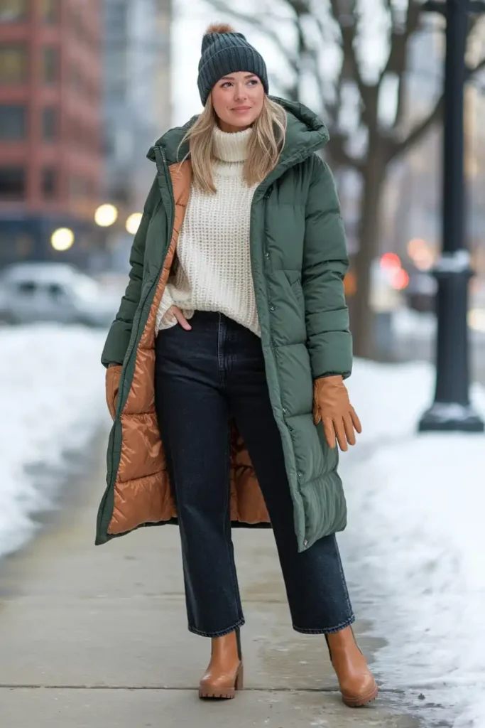 Chicago Winter Outfit: Puffer Coat, Turtleneck, and Straight Jeans
