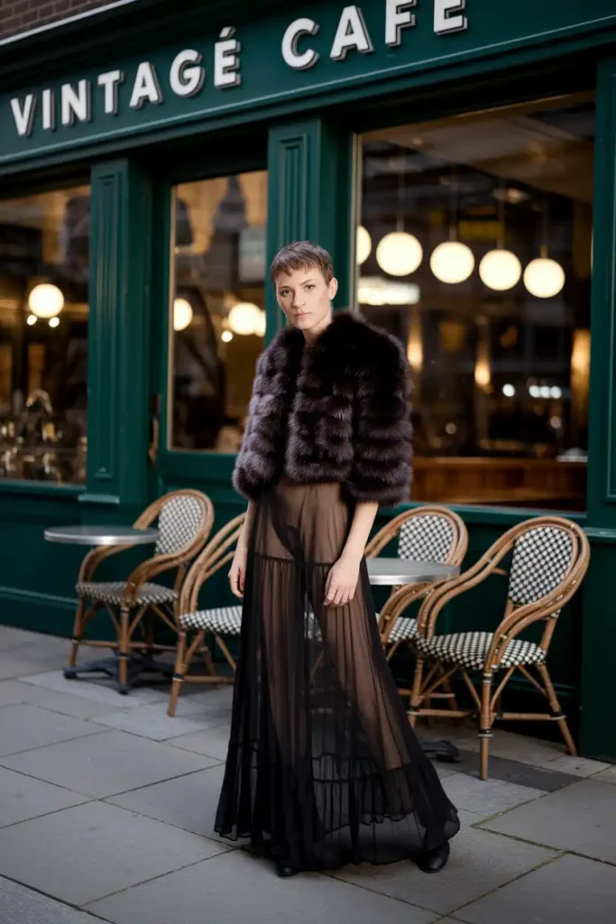 Chiffon Maxi Dress with a Cropped Faux Fur Jacket