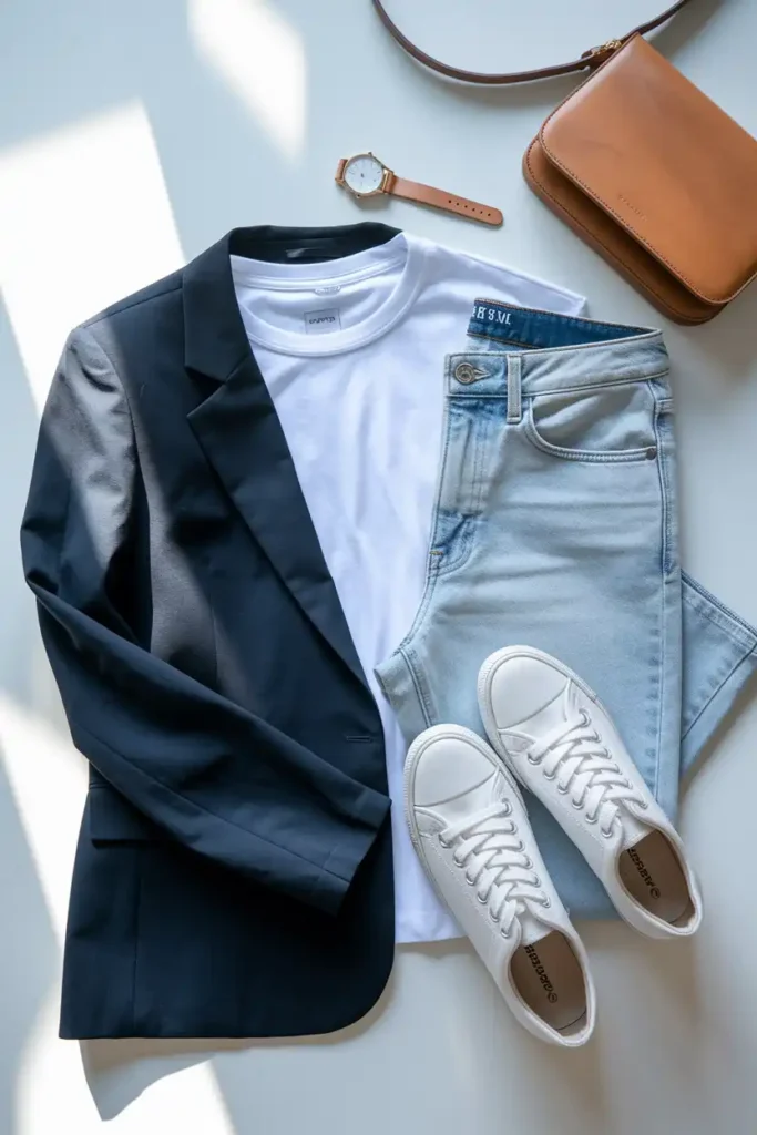 Classic Navy Blazer With White Tee and Straight-Leg Jeans