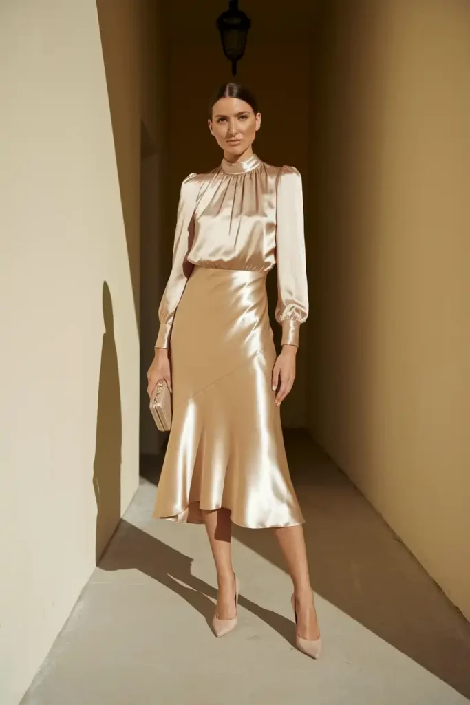 Classic Satin Midi Dress with a High Neckline
