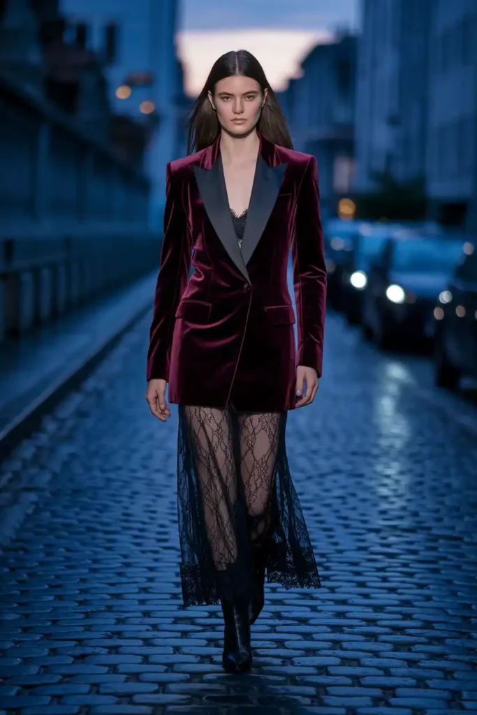Classic Velvet Blazer and Lace Slip Dress for Autumn Dates