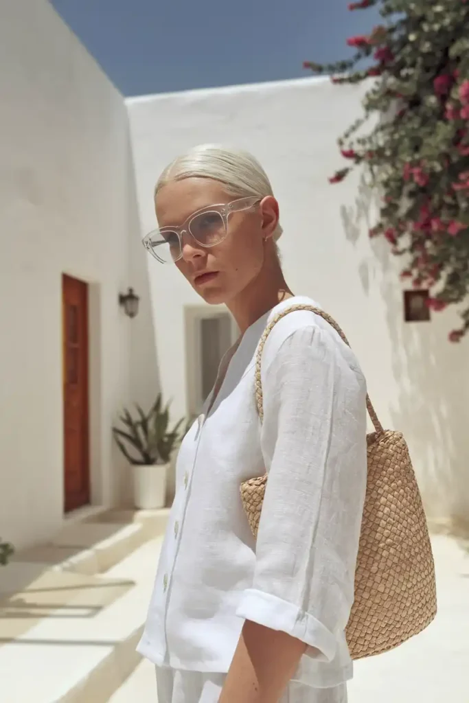 Clear Frames With an All-White Summer Outfit